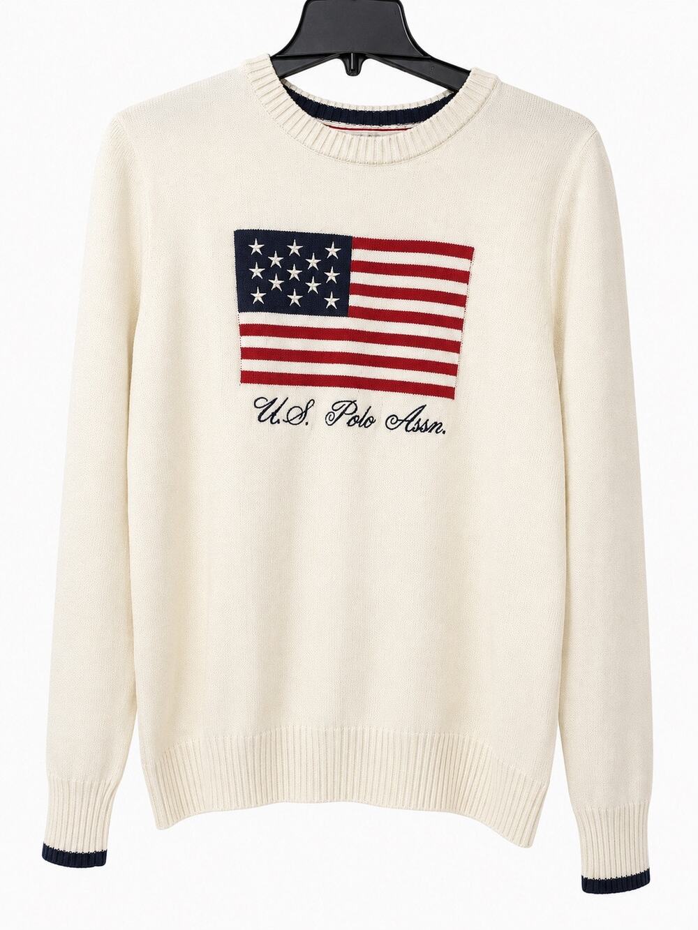 U.S. Polo Assn. USA Flag Knit Crewneck Sweater Women` 2X Cream Off-White NWT